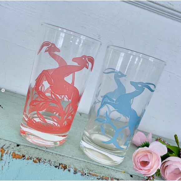 Vintage Drinking Glass Tumbler MCM Barware Glassware Red Blue Gazelle Faded PAIR - Picture 4 of 4